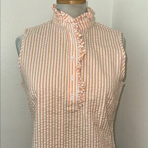 Jules Reid coral white seersucker ruffle top blouse sleeveless 6 cotton